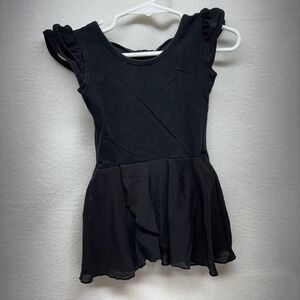 Girls Black Ballet Dance Dress Leotard Tutu Skirt Ruffled Sleeves Bow Back 2T/3T